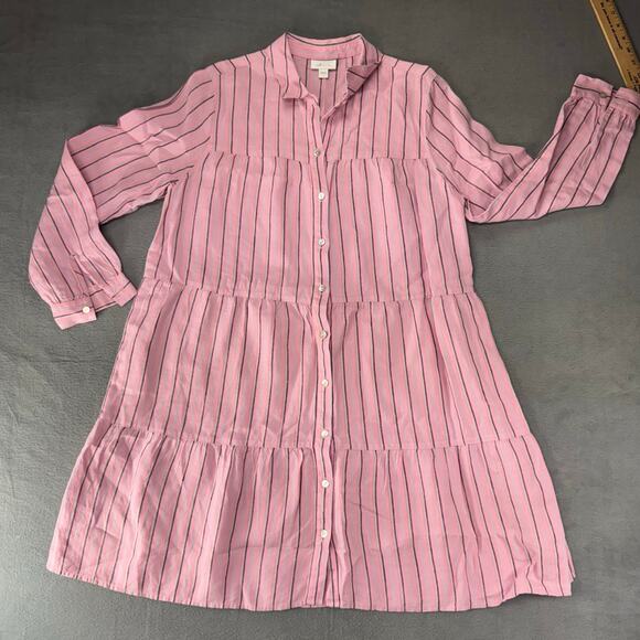 J Jill Love 100% Linen Pink Striped Button Front Long Sleeve Midi Dress Size M - Picture 1 of 9